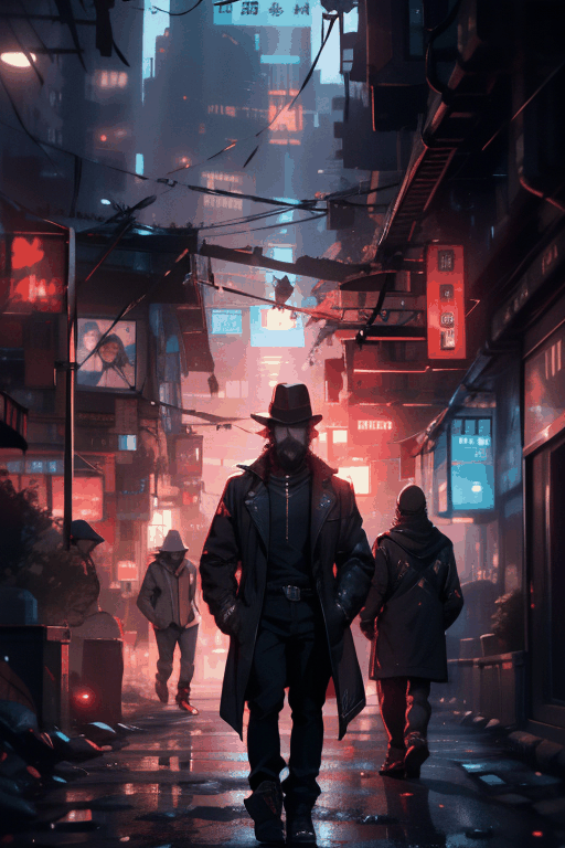 handsome men with black trenchcoat and black fedora ,  cyberpunk detective , neck length hair and beard  , cyberpunk 2077 poster art , standing menacingly, coat blown by the wind , glowing red eyes , turtleneck , 25 years old , 