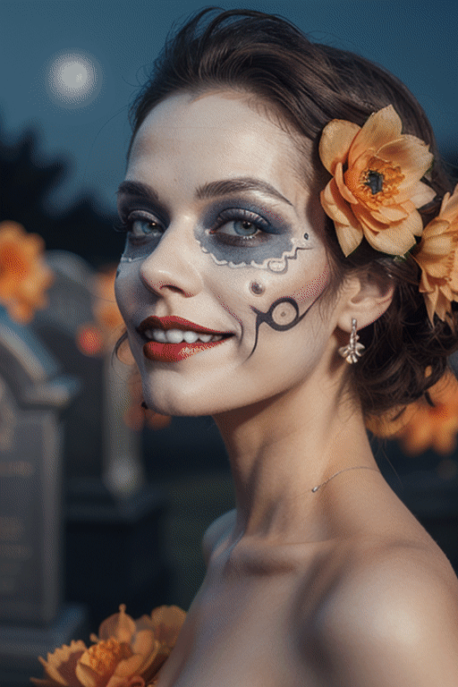 (Best quality, 8k, 32k, Masterpiece, UHD:1.2),  woman with Catrina makeup smiling, blinking, dia de los muertos, white make up, orange, black makeup, emulating a skull with the make up, orange flowers as ornament in hair, many orange flowers, wearing a gown, gloves  and attractive features, eyes, eyelid,  focus, depth of field, film grain,, ray tracing, ((contrast lipstick)), slim model, detailed fabric rendering, detailed natural real skin texture, visible skin pores, anatomically correct, night, cemetary background,  Catrina,(PnMakeEnh)
