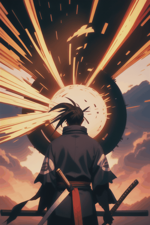 Animate a scene: a man in a dark mountin, lingerie, fire circulating,ronin,ashes,wind blowing,perfect anatomy,perfect shadows,ray tracing,japanese armor,katana sword,viewed_from_behind,cowboy_shot,shinobitech,hyakkimaru_dororo