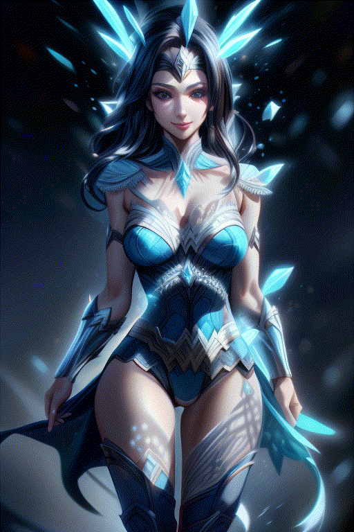 (ice elemental) princess dancing,detailed exquisite face,confident smile,realistic,intricate,hair blown by wind,moving hands,moving hips,hourglass bodyshape,natural huge breast,(upper body),ice elemental magic,kimtaeri,wonder_woman,1 girl