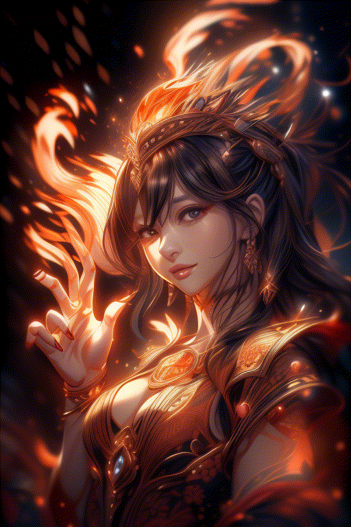 fire goddess dancing, waiving hands, fire elemental effect everywhere, detailed exquisite face, playful smirks, realistic, intricate, upper body, cinematic lighting, 1 girl, kwon-nara