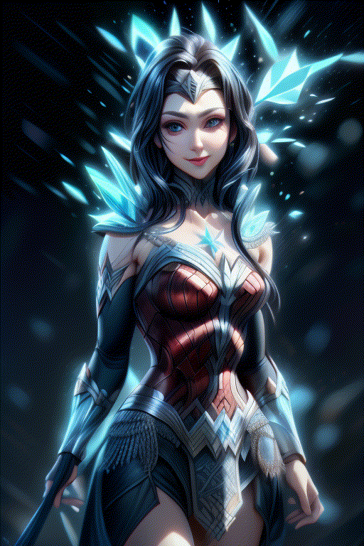 ice elemental princess dancing, detailed exquisite face, confident smile, realistic, intricate, hair blown by wind, moving hands, moving hips, hourglass bodyshape, (upper body), ice elemental magic, kimtaeri,wonder_woman,1 girl