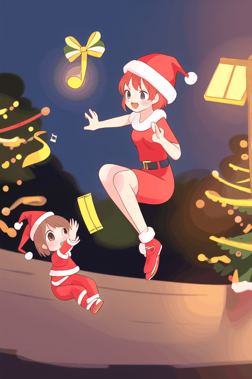 musical note, santa_hat ,two beautiful girl, jumping