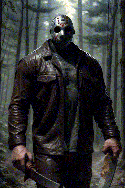 (masterpiece), a (seamless:1.3) GIF animation of jasonmale full leather outfit flowing walking. Flowing hand holding machete. Approaching. Dark forest. 