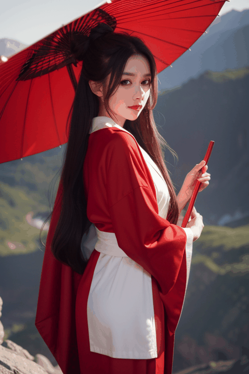(1girl), in the mountains in winter, wearing a Chinese robe, holding an oil-paper umbrella, a red robe, a Chinese hairstyle, long hair, ((elegant hair))