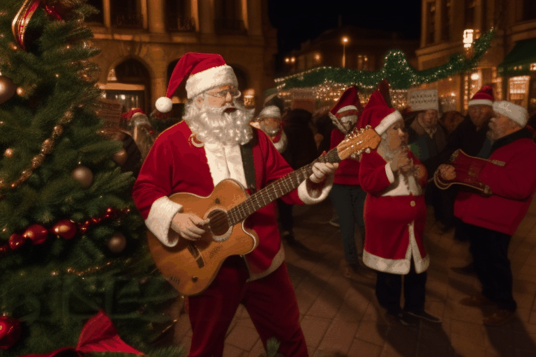 Santa Claus plays the guitar and sings, Christmas bands, Christmas trees, people shouting in the square. fans with placards