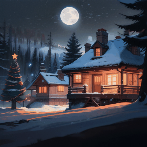 Winter landscape with falling snow, illuminated houses in the evening, Christmas trees, illuminated moon