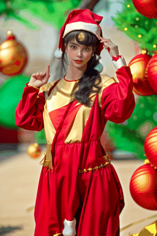 (Beautiful Japanese woman), ((Red and gold Santa Claus costume: 1.3)), Christmas tree, ((Bust shot: )), Shot from below, Surrealism, Super detail, UHD, Masterpiece, Accurate, Anatomically Correct, Textured Skin, Super Detailed, High Detail, Top Quality, 8K, Photorealistic,jinmeng,photorealistic,fukada,epoint2016,GdClth,ninja_suit,1girl,tabemikako