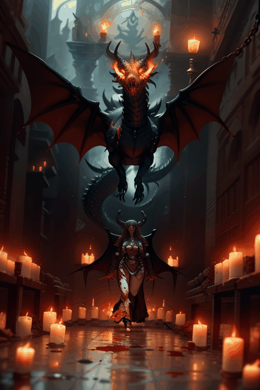 beautiful Woman with dragon wings and devil horns, walking slowly with long vivid red hair, slim, tall body, detailed background of a dungeon, chains on walls, blood splattered on the floor, human bones scattered on the floor, candles, lanterns, fire, smoke, Fantasy ,leonardo,More Detail,Circle