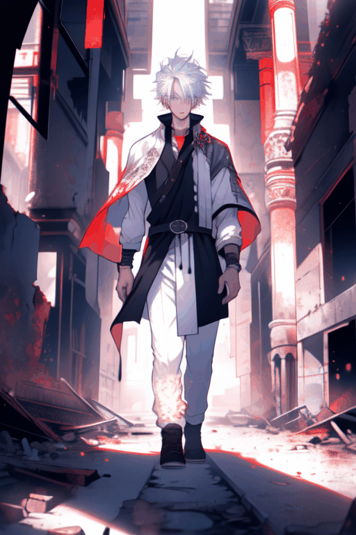 man with white haired and eyes heterochromia and flaming cape walking in ruins temple