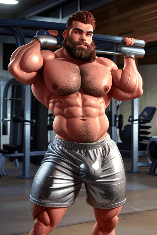 sexy hairy man with muscles in shiny silver gym clothes huge bulge in shorts