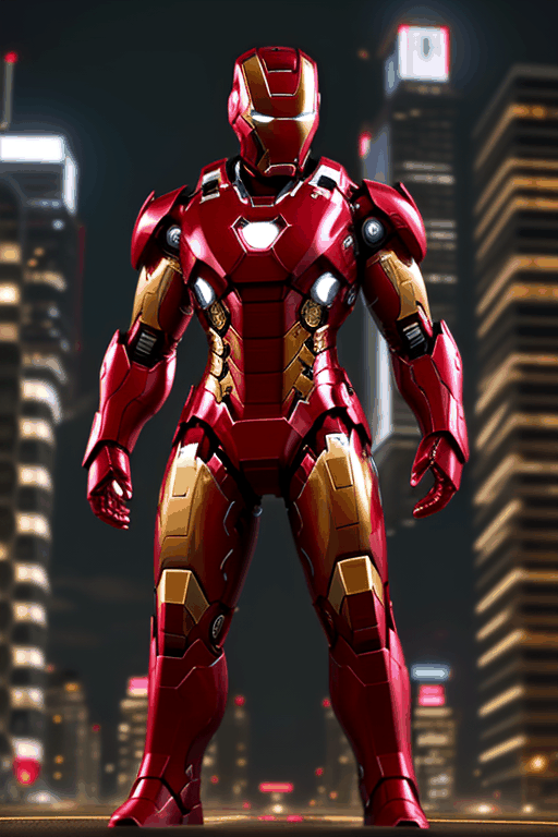 An Iron Man figure stands in a city street at night. He is wearing a red and gold armor suit with shiny silver and gold accents. His helmet is a large, oval shape with gold and silver visor. His left hand is raised, and his red glove has three gold buttons on it. He is standing in front of a backdrop of tall buildings with bright lights illuminating the street.
