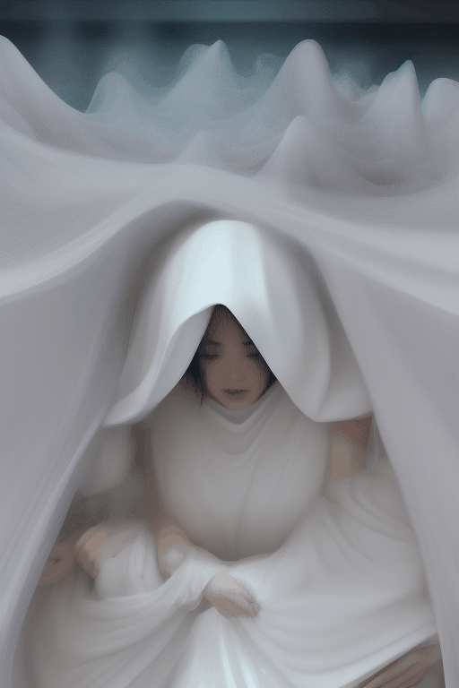 falling scene: asian witch shrinking melting disintegrating getting smaller and buried underneath massive white hooded veil pile , and massive white flowing bubbling gown 