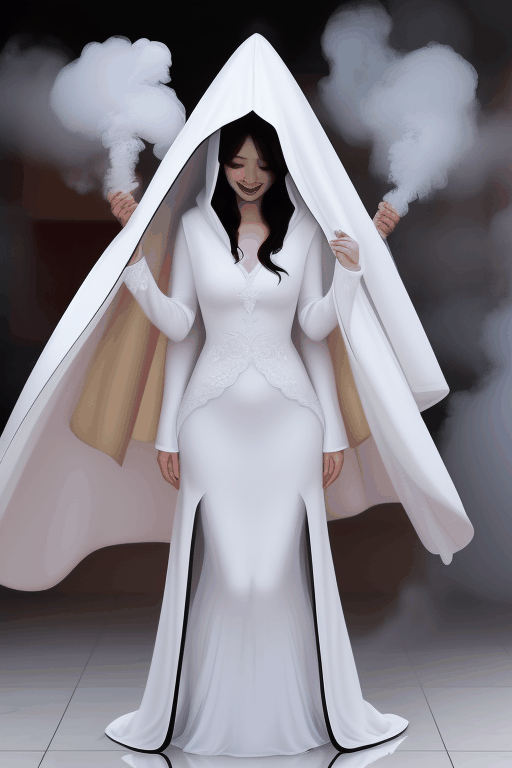 full body falling on the ground Asian vampire bride long floor length white hooded veil cloak, laid on the floor with the bride covering the bride’s face with white veil and smoke coming out of the melting white long sleeve cape chiffon ball gown floor length