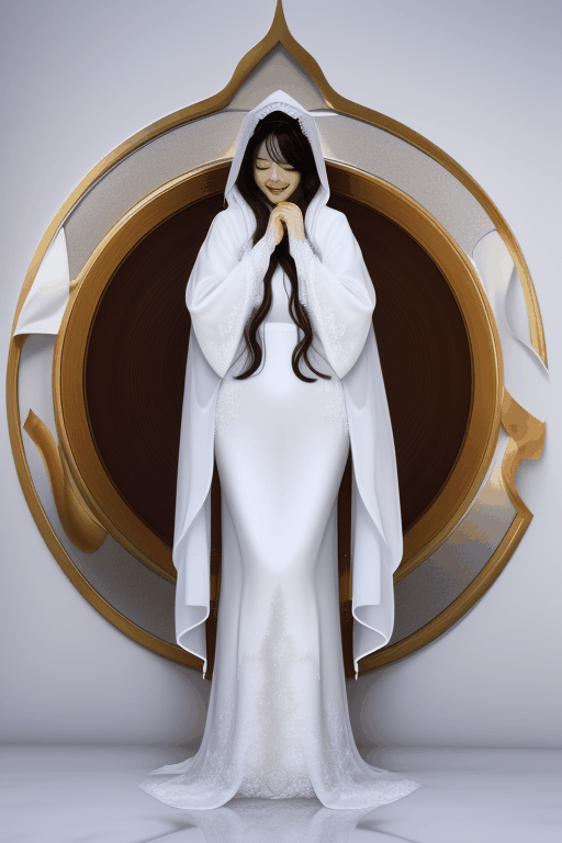 full body disintegrating on the ground Asian goddess bride long floor length white hooded veil cloak, laid on the floor with the bride covering the bride’s face with white veil and liquid coming out of the melting white long sleeve hanfu gown floor length