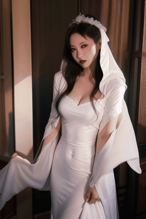 A long white flowing cloak and gown falls on top of an Asian vampire bride, covering her in a pile Of dress 