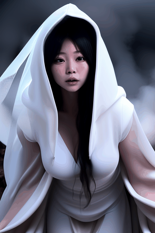 asian witch shrinking melting disintegrating getting smaller going inside buried underneath massive white hooded veil pile, and massive white flowing smoky gown, disintegrating scene 