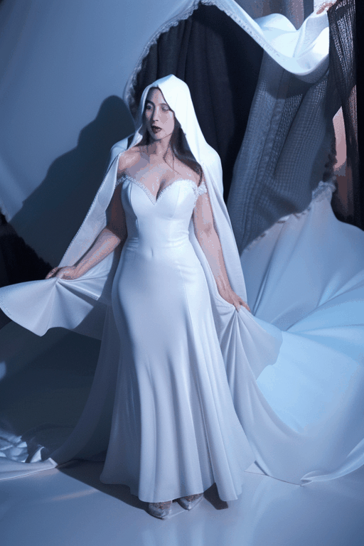 vanishing full body Asian vampire empress gets covered inside falling collapsing large flowing white hooded veil pile , and large white flowing gown melting