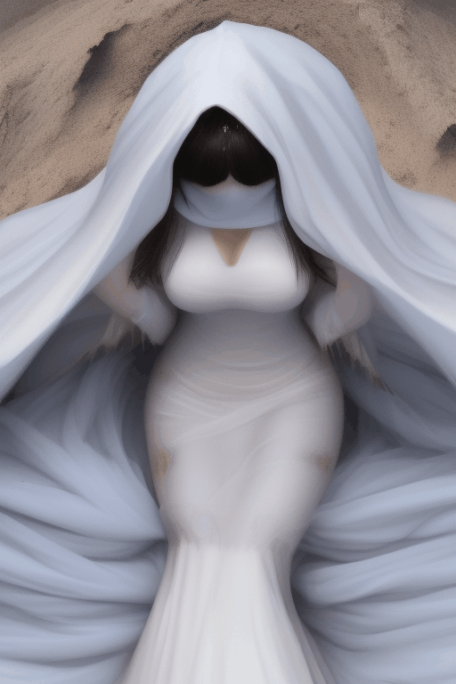disappaering scene: asian witch shrinking melting disintegrating getting smaller and buried underneath massive white hooded veil pile , and massive white flowing bubbling gown 