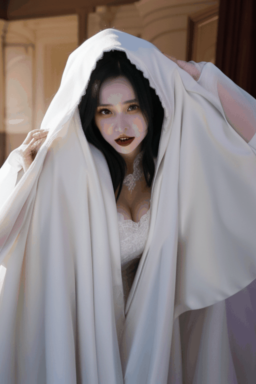 Asian vampire bride wearing a long flowing white bridal cloak falls to her death as she melts to the ground like the witch of the west 