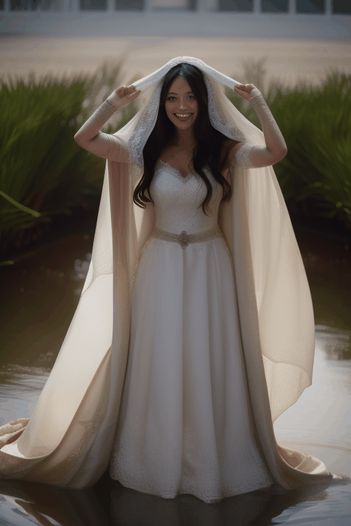 Asian bride’s head getting covered sinking buried underneath a large amount of flowing white veil cloak covered full body 