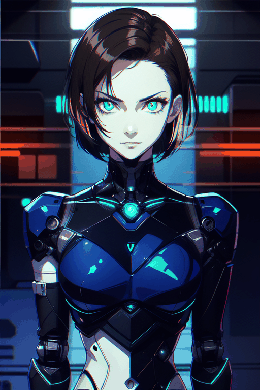 android girl, robotic, beautiful, short hair, dark brown straight hair, illuminated eyes, fluorescent eyes, bright green eyes, robotic combat suit, looking at the spectator, serious look, slight smile, cyberpunk