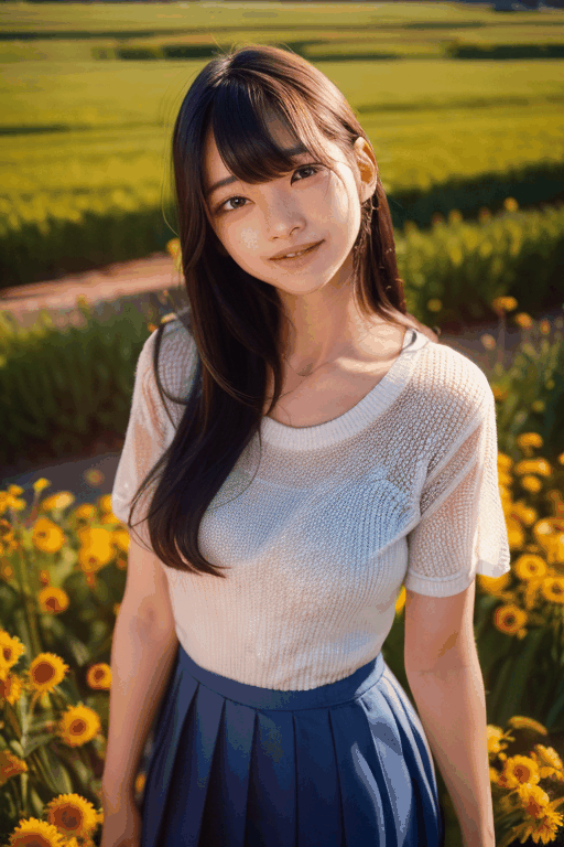 masterpiece, best quality, masterpiece,best quality, 1girl, asian girl, solo, long hair, looking at viewer, smile, bangs, blue eyes, school dress, very long hair, stand in flower field