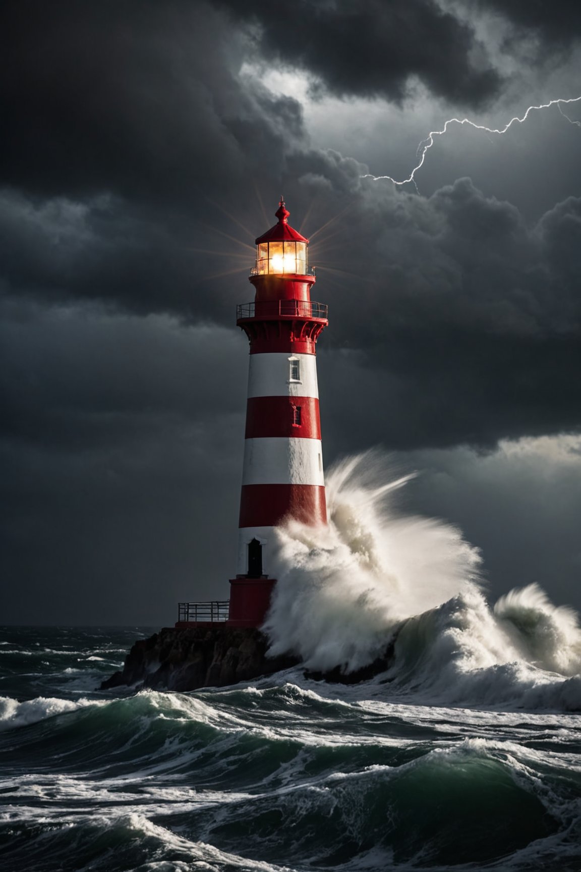 A light house in mids of a stormy sea, night, emitting light