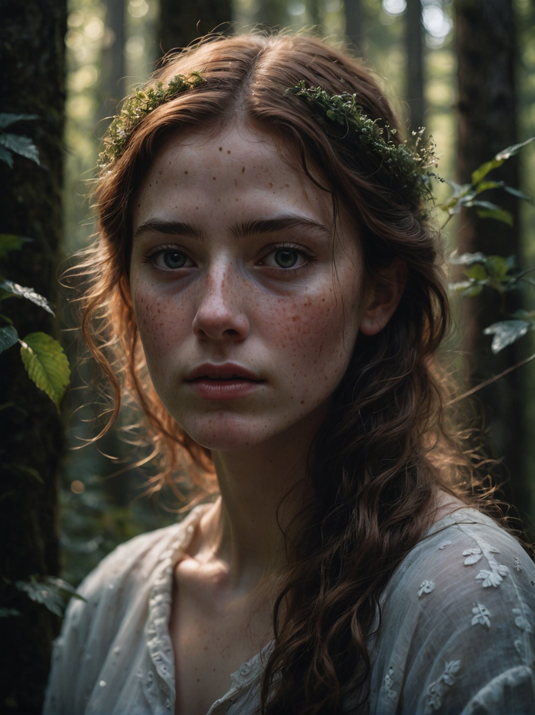 hyperrealistic amateur portrait of a young woman in the forest, magnificent, celestial, ethereal, painterly, epic, magical, fantasy art, dreamy, chiaroscuro, atmospheric lighting, freckles, skin pores, pores, velus hair, macro, extreme details