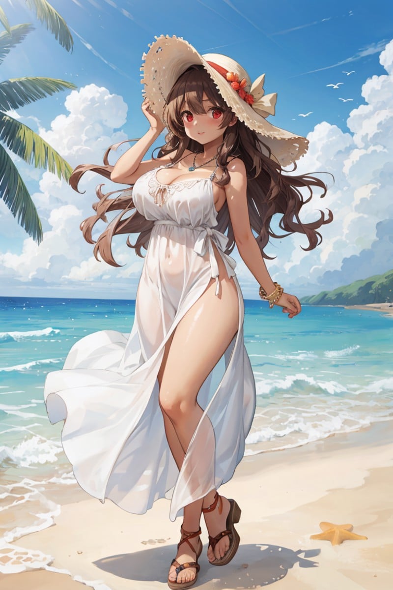 masterpiece, best quality,depth of field,shiny skin,1lady,solo, BREAK, white flowy maxi dress,wide-brimmed hat,strappy sandals,shell necklace,BREAK,loose beach waves,natural,BREAK,relaxed,carefree,free-spirited,BREAK,beach,resort,outdoor festival,red eyes,huge breasts