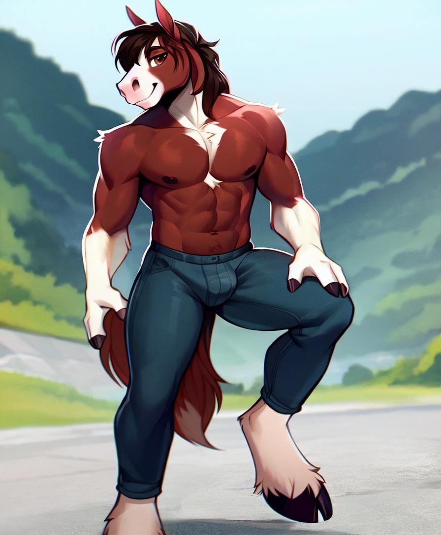 (best quality, high quality:1.6), male anthro clydesdale horse, brown eyes, hooves, hooved fingers, outside, detailed background, looking at viewer, pinup, pose, full-length portrait, jeans, fluffy, fur tuft, standing<lora:fluffyrock-quality-tags-v3.0-vpred:1>