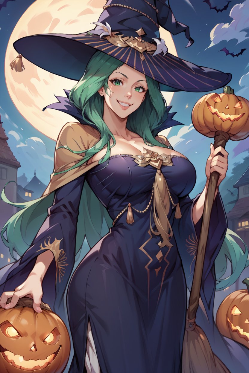 score_9, score_8_up, score_7_up, score_6_up, source_anime, BREAK 1girl, mature female <lora:rhea-pdxl-nvwls-v1-000006:1> halloweenrhea, green hair, witch hat, blue dress, wide sleeves, large breasts, holding broomstick, night, halloween, jack-o'-lantern, evil smile, looking at viewer
