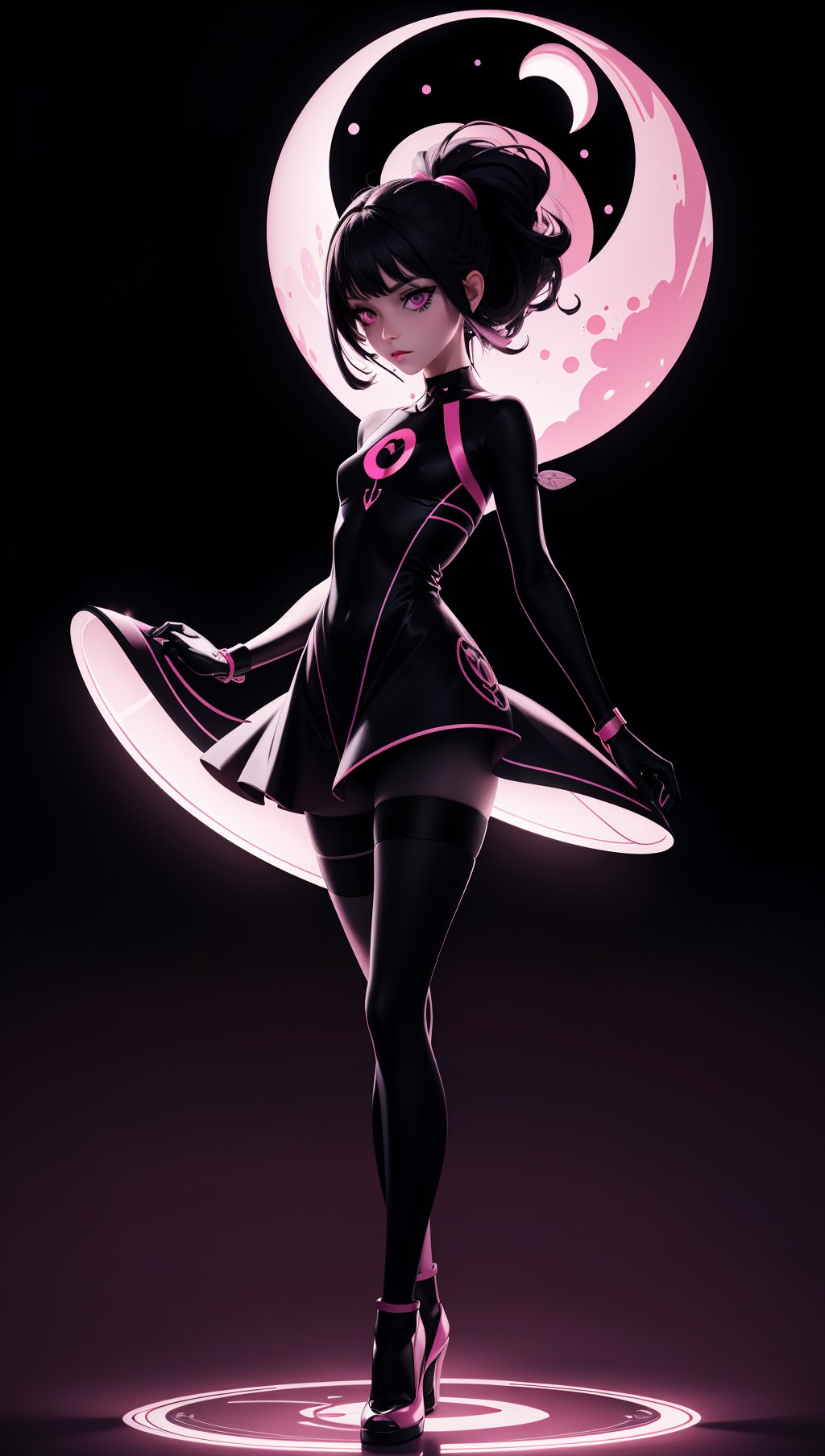 (silhouette:1.25),woman,dark background,blacklight,mid shot,full body,somber expression,looking down,dark energy,vibrant magenta,portal to another world,flat color,flat shading,ultra realistic,highres,superb,8k wallpaper,extremely detailed,intricate,limited palette,pink,