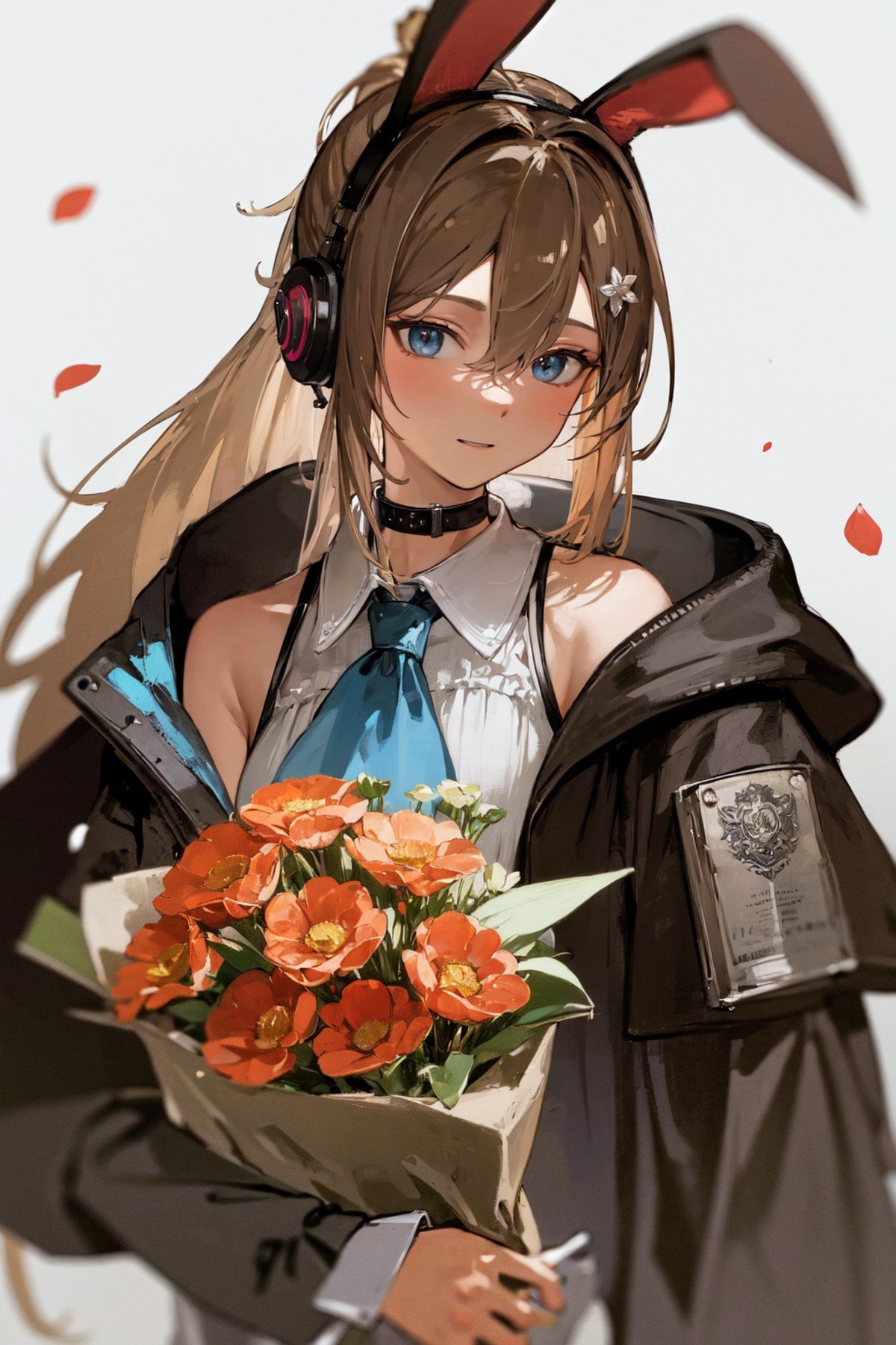 masterpiece, best quality, extremely detailed, detailed background, detailed face, 1girl, amiya (arknights), solo, animal ears, rabbit ears, flower, headphones, blue eyes, brown hair, ring, jewelry, long hair, holding, jacket, looking at viewer, multiple rings, open clothes, white background, upper body, shirt, weibo logo, long sleeves, open jacket, blue ascot, bouquet, ascot, white flower, black jacket, blue collar, off shoulder, holding bouquet, bangs, orange flower, smile, hair between eyes, simple background, closed mouth, ponytail, red flower, sleeveless shirt, white shirt, hand up, sidelocks, pink flower, petals, sleeveless, blue choker, neck ring, rabbit girl, hair ornament