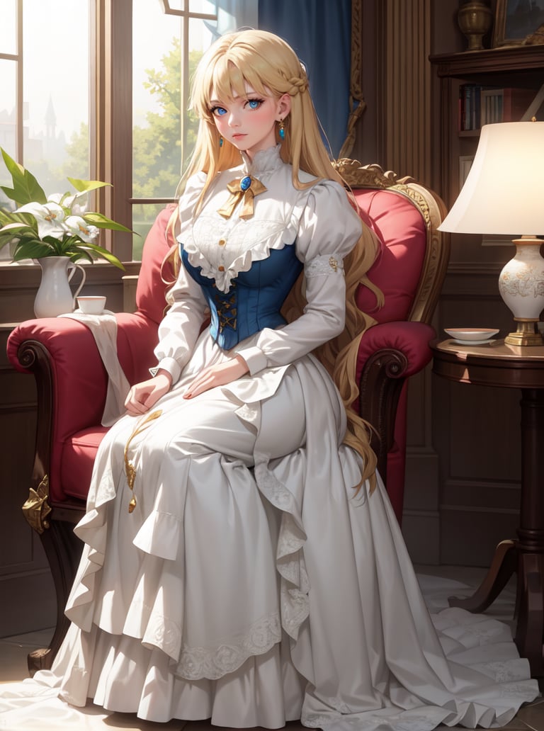 8k, masterpiece, highly detailed, high quality,1girl, wearing a white (victorian dress), <lora:victorian_dress-SD-2.0:1> armchair, bangs, blonde hair, blue eyes, antique chair, dress, earrings, full body, indoors, jewelry, long hair, long sleeves, looking at viewer, medium breasts, sitting, solo, window