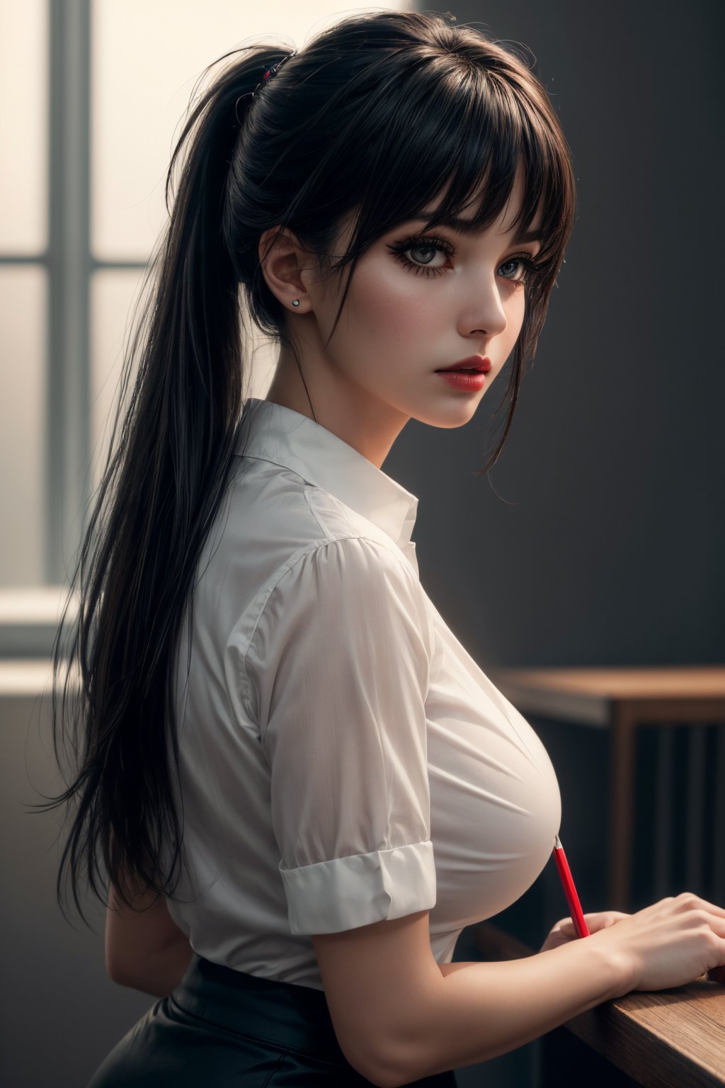 (ultra realistic,32k, masterpiece:1.2),(high detailed skin:1.1),( 8k uhd, dslr, high quality:1.1), 1girl, black hair, ponytail and bangs,<lora:Blouse Pencil Skirt By Stable Yogi:0.5>pencil skirt, blouse,, , <lora:add_detail:0.83>, (red lips:0.8), (mascara:1.1),(huge breast:0.9),(looking at viewer, portrait:1.1),,(moody lighting:1.1),blank background