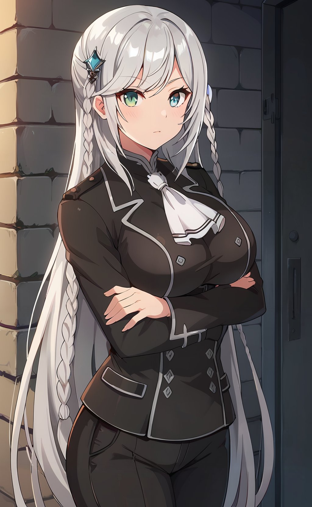 score_9, score_8_up, score_7_up,  <lora:Livia_de_Udis:1>, livia_wz, very long hair, grey hair, heterochromia,  blue eyes, green eyes, braid, hair ornament, large breasts, white ascot,long sleeves, black jacket, jewelry, black pants, cowboy shot, crossed arms, standing, brick wall, castle, outdoors, door, street, guard, looking at viewer, 