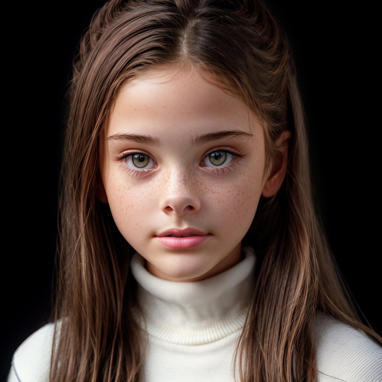 best quality, extra resolution, close up portrait of adorable (AIDA_LoRA_MeW2016:1.1) as cute [little] girl <lora:AIDA_LoRA_MeW2016:0.9> wearing (white turtle neck sweater:1.1), with glossy skin with visible pores and freckles, pretty face, naughty, playful, intimate, flirting, cinematic, studio photo, kkw-ph1, (colorful:1.1), (charcoal smoky black background:1.1)