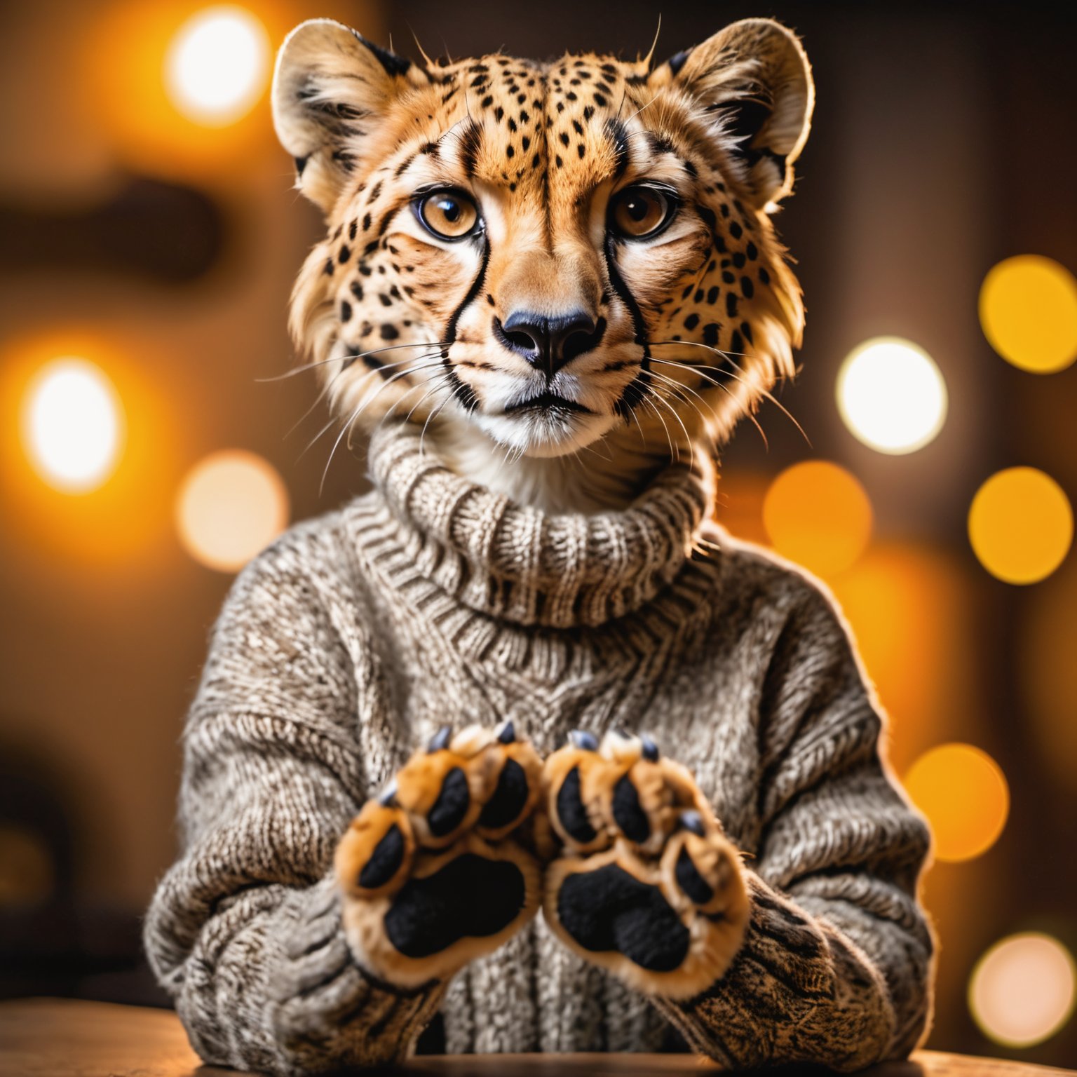 Closeup of an anthro furry cheetah female wearing a wool sweater, paws, paw pads towards viewer, high quality photography, 3 point lighting, flash with softbox, 4k, Canon EOS R3, hdr, smooth, sharp focus, high resolution, award winning photo, 80mm, f2.8, bokeh