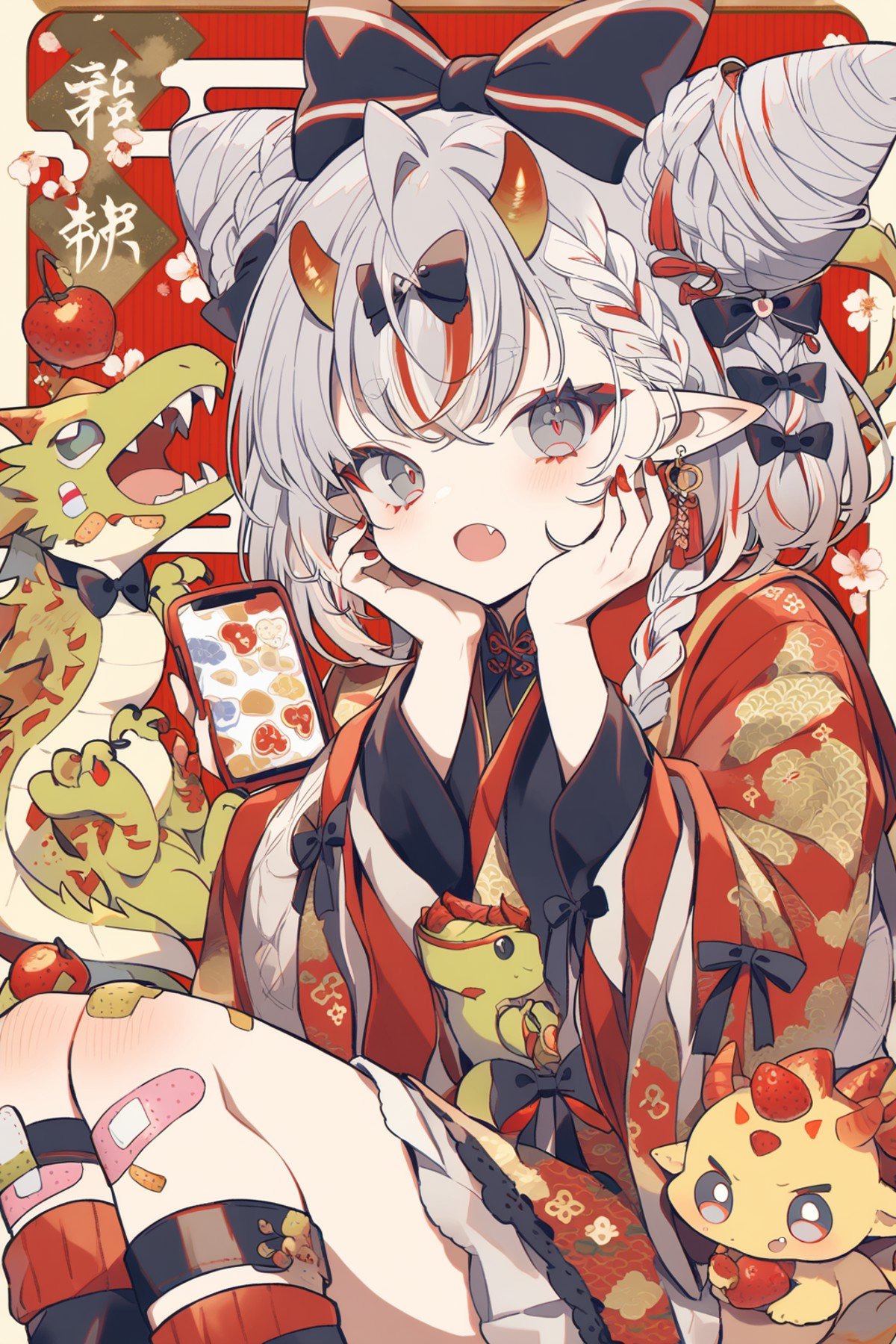<lora:yume:1>,1girl,phone,solo,holding,horns,year of the dragon,bow,braid,fang,hair bun,open mouth,tail,chinese zodiac,pointy ears,multicolored hair,bandaid,hand on own cheek,jewelry,grey eyes,looking at viewer,long sleeves,double bun,white hair,hair bow,holding phone,hand on own face,earrings,grey hair,ribbon,nail polish,cone hair bun,cellphone,dragon,red nails,food,fruit,black bow,dragon horns,