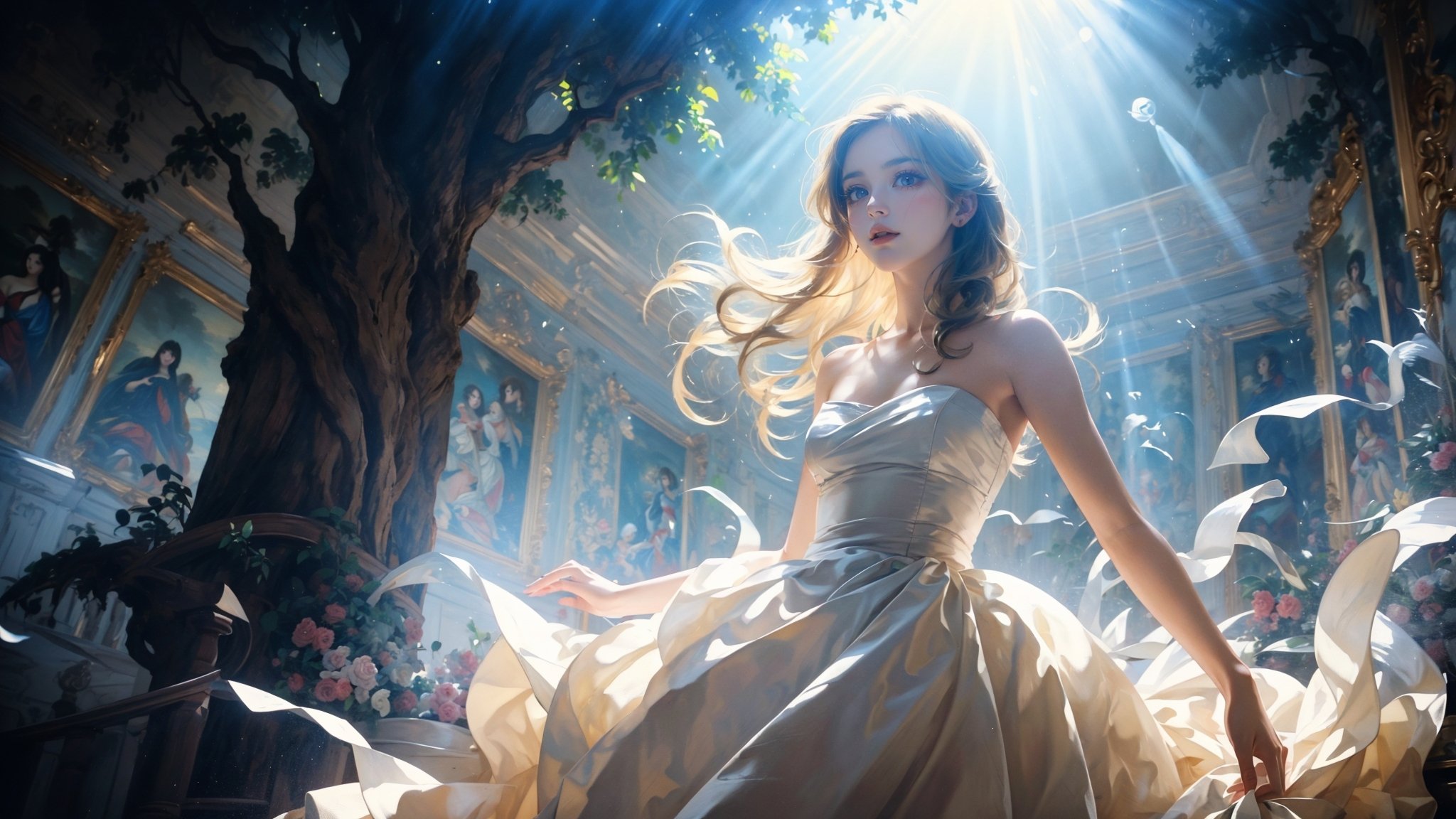 Low Angle shooting, super wide lens,Rococo style，solo, bare shoulders，strapless dress，sunbeam，sunlight，medium breasts,curtains，tree，light rays，reflection，long hair，babydoll,A shot with tension，(Visual impact,giving the poster a dynamic and visually striking appearance:1.2),impactful picture,<lora:绪儿-洛可可油画风 Rococo style:0.8>