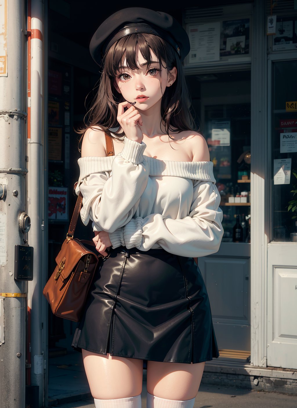 masterpiece, best quality,1girl, bag, upper_body, street, bangs, bare_shoulders, beret, black_footwear, black_headwear, brown_eyes, brown_hair, closed_mouth, handbag, hat, holding, long_hair, long_sleeves, looking_at_viewer, off_shoulder, shoes, skirt, sleeves_past_wrists, socks, solo, sweater, white_legwear