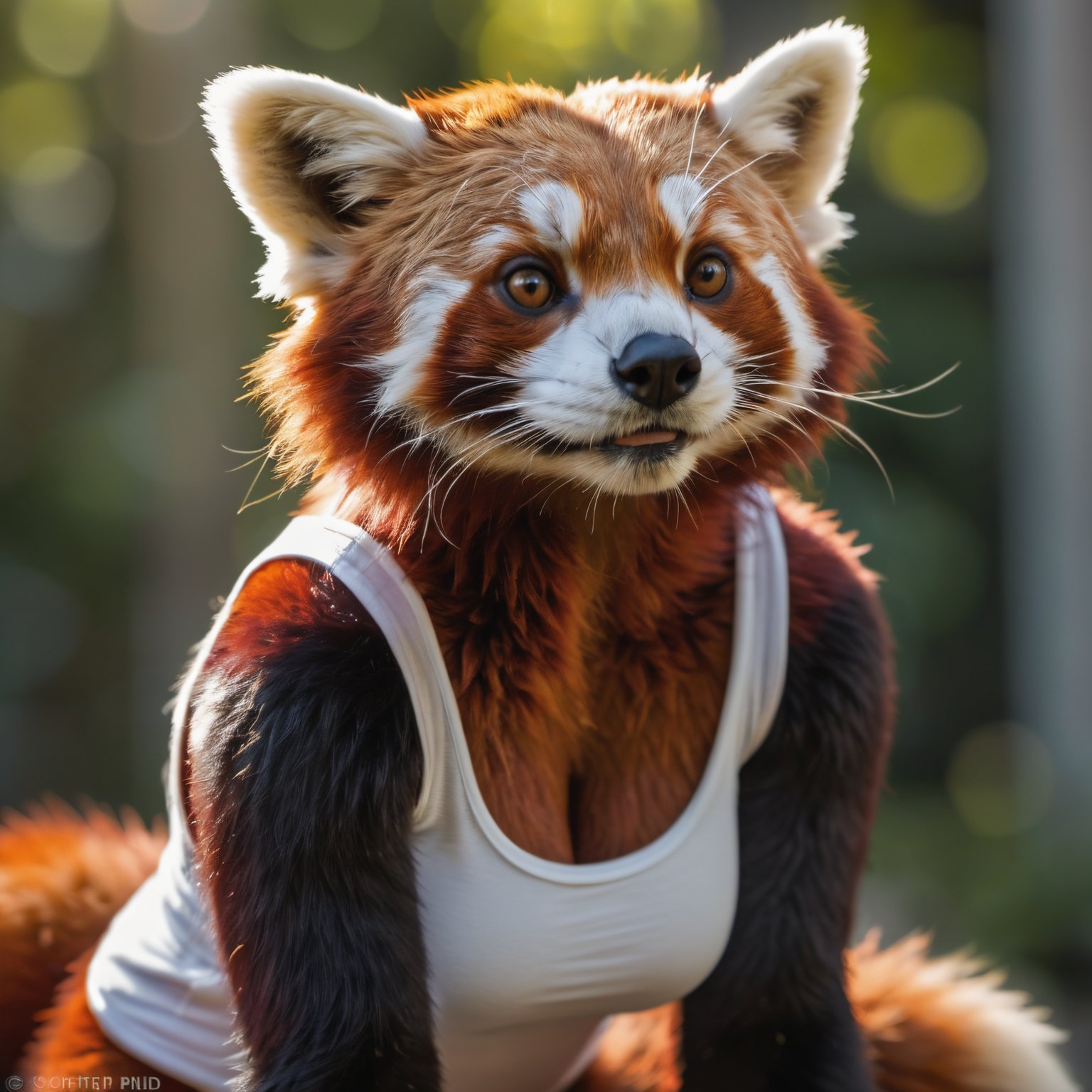 Closeup photo upper body of an anthro furry red panda female fluffy full realistic body fur , paws, paw pads towards viewer, wearing a loose white tank top, high quality photography, 3 point lighting, flash with softbox, 4k, Canon EOS R3, hdr, smooth, sharp focus, high resolution, award winning photo, 80mm, f2.8, bokeh