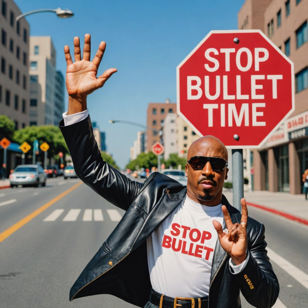 Photo of mc hammer with a stop sign saying "stop bullet time"