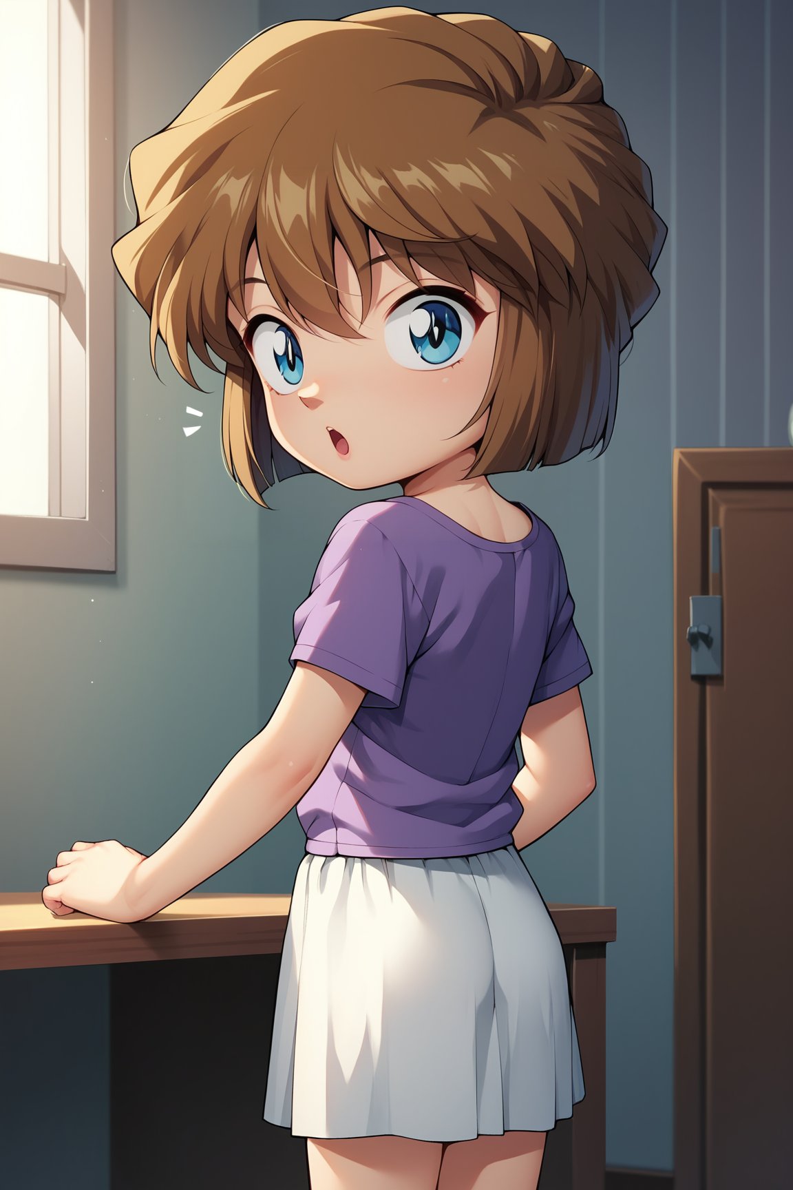 score_9, score_8_up, score_7_up, score_6_up, score_5_up, score_4_up, AiHaibaraDCXL, child, retro artstyle, big eyes, blue eyes, brown hair, hair between eyes, short hair, flat chest, collarbone, purple shirt, short sleeves, white skirt, solo, standing, from behind, ass, surprised, looking back, indoors <lora:AiHaibaraDCXL:0.8>