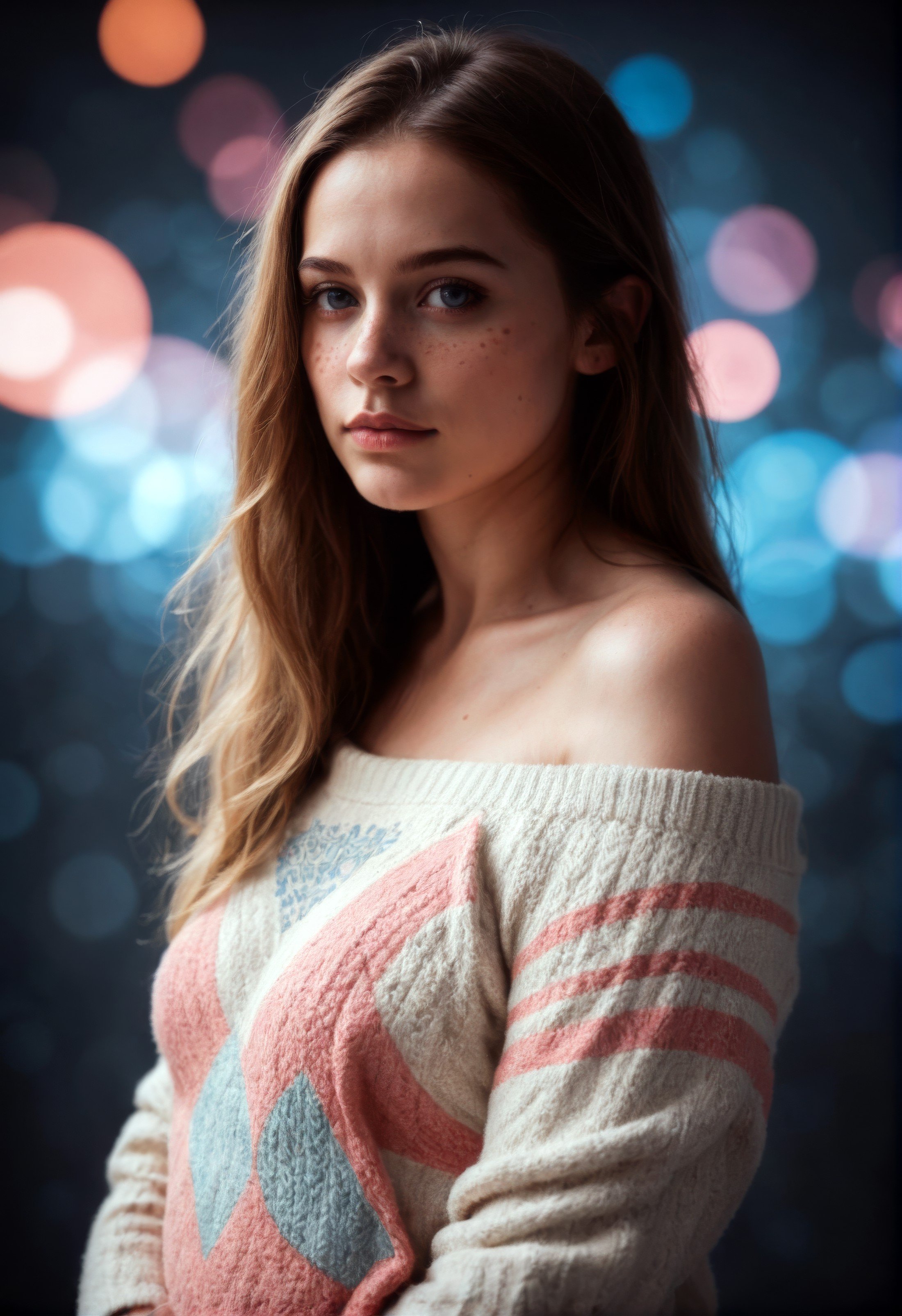 score_9,score_8_up,score_7_up,masterpiece,source_photo,(realistic:1.4)1girl,mysterious girl with freckles,an exotic girl in off-shoulder sweater,fading backlit background,pastel colors,alluring goddess,amazing depth,double exposure,surreal,geometric patterns,intricately detailed,bokeh,perfect balanced,deep fine borders,artistic photorealism,smooth