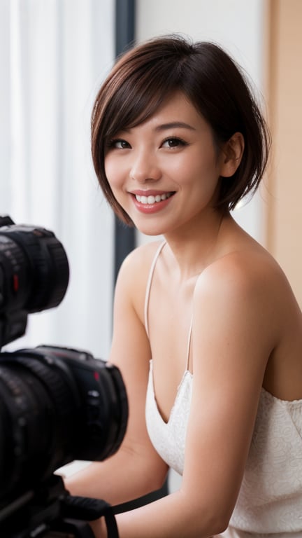 short hair, beaming smile looking at the viewer. flirting with the camera, 8k):1