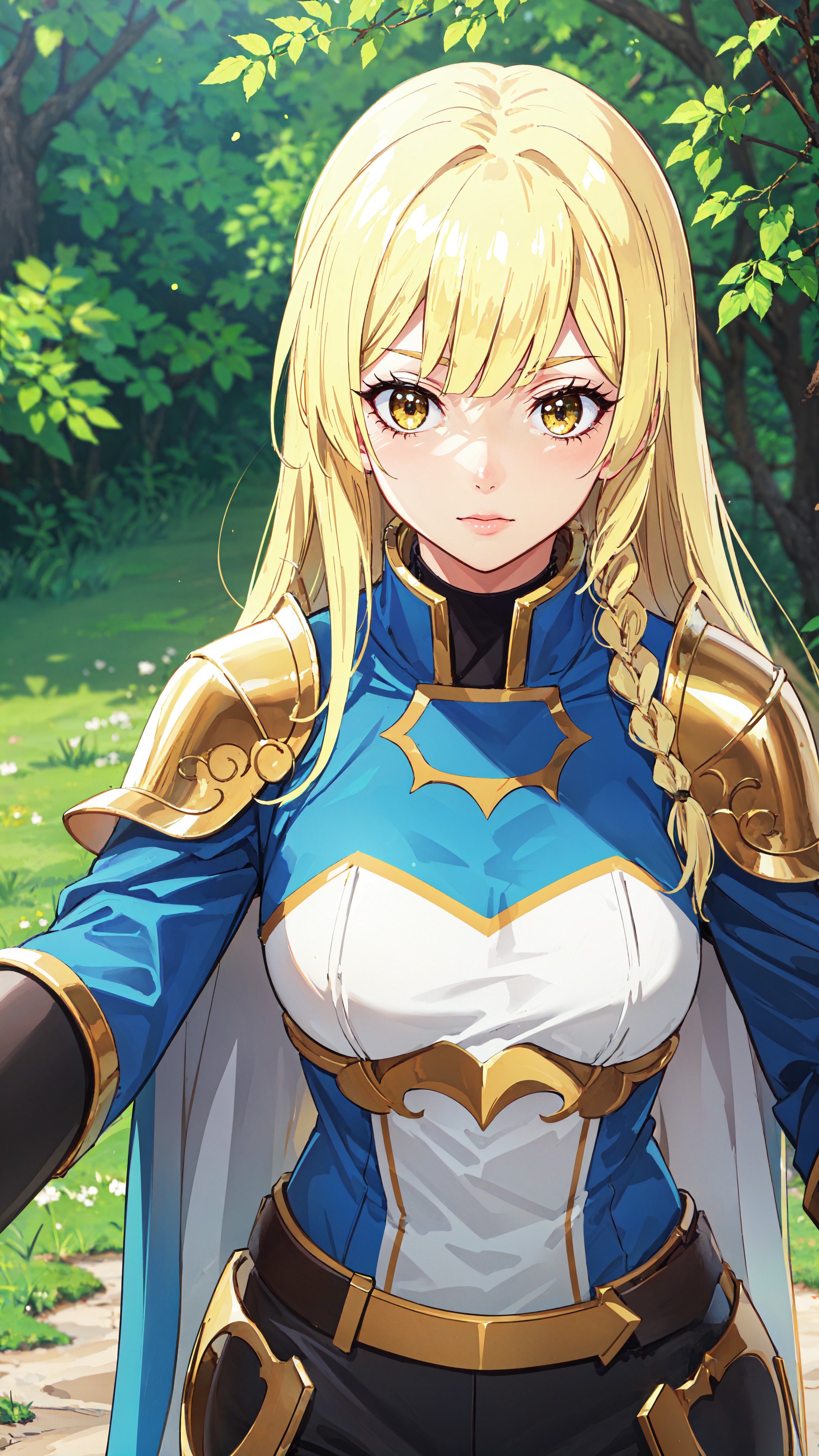 photorealistic, (4k), depth of field, (Masterpiece), (realistic skin texture), extremely detailed, intricate, hyper detailed, professional photography, bokeh, high resolution, sharp detail, best quality, girl, long hair, blonde hair, yellow eyes, braid, blue and white outfit, gold shoulder pads, blue cape, black pants, <lora:GoodHands-vanilla:0.4>, <lora:detail_slider_v4:0.8> , dynamic pose, (head down),  <lora:Balirossa-000004:0.7>, nature, grass path, forest, midday,