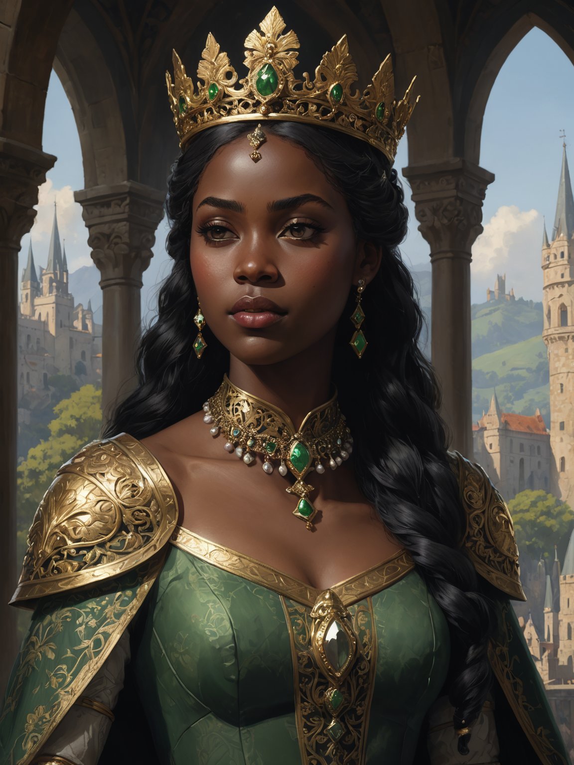 modelshoot style, (extremely detailed CG unity 8k wallpaper), full shot body photo of the most beautiful artwork in the world, medieval queen, green vale, dark skin, black woman, dark skin, golden crown, diamonds, medieval architecture, professional majestic oil painting by Ed Blinkey, Atey Ghailan, Studio Ghibli, by Jeremy Mann, Greg Manchess, Antonio Moro, trending on ArtStation, trending on CGSociety, Intricate, High Detail, Sharp focus, dramatic, photorealistic painting art by midjourney and greg rutkowski