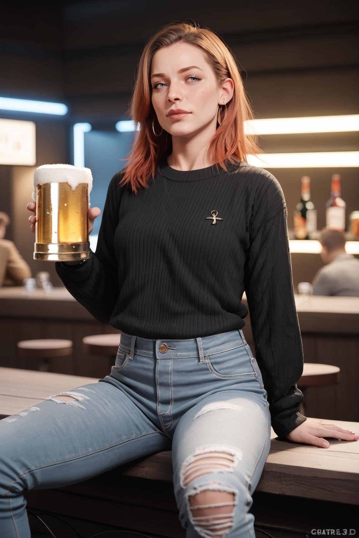 zPDXL2, zPDXLpg, zPDXLrl, ginger woman with red hair in luxurious nightclub, sitting at the bar holding a beer, wearing a sweater and jeans
